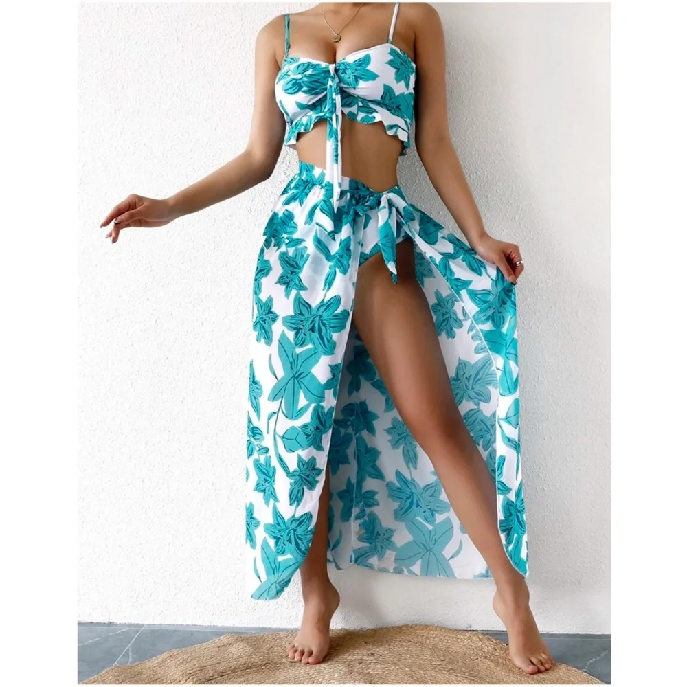 Boho Tropical Floral Print High Waist Bikini Cover up set - Picture 2 of 12